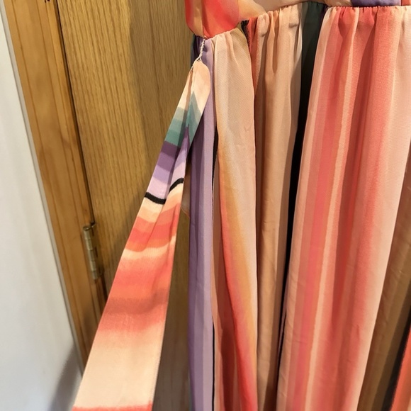 Donna Ricco Striped V-Neck Maxi Dress Multicolor Belted Sleeveless M Size 4 - Picture 3 of 5